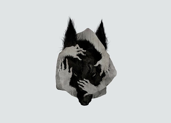 hands on head, wolf, minimalism, simple background, artwork