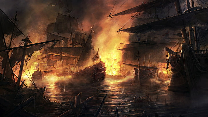 sailboat poster, sailing ship, fire, smoke, cannons, armada, Empire: Total War, HD wallpaper