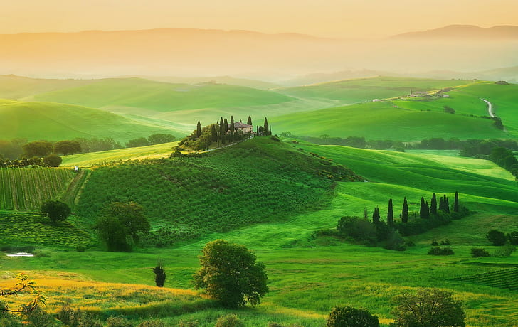 Italy, Tuscany, fields, green grass field, trees, house, mansion, HD wallpaper