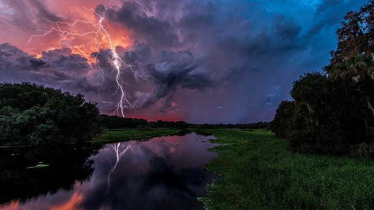 nature landscape water reflection clouds river storm lightning sunset trees forest grass florida usa
