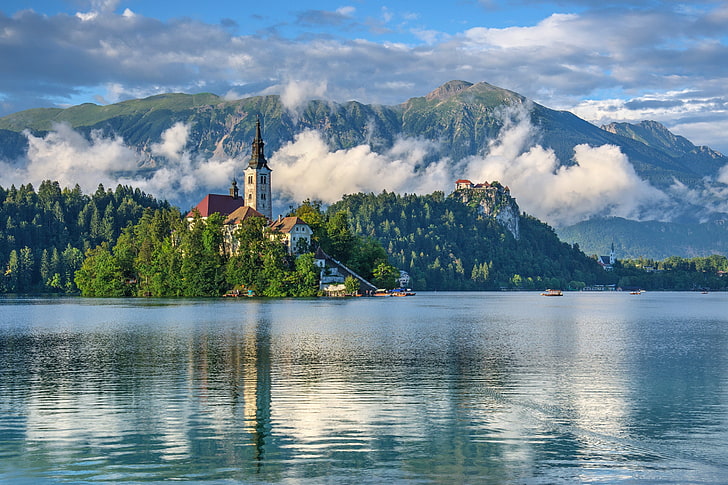 lake, island, church, Slovenia, landscape, clouds, water, Lake Bled, HD wallpaper