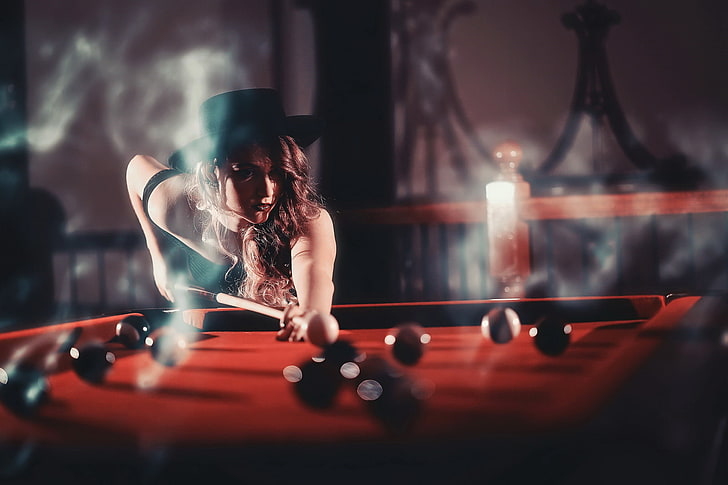 girl, Billiards, hat
