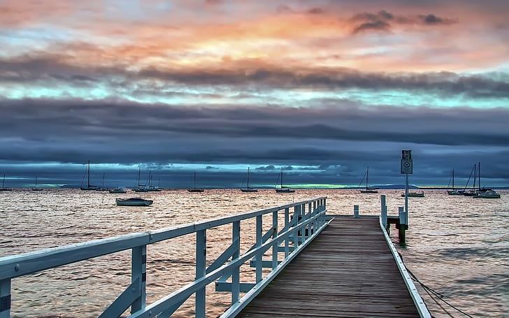 landscape, pier, sky, sea, boat, HD wallpaper