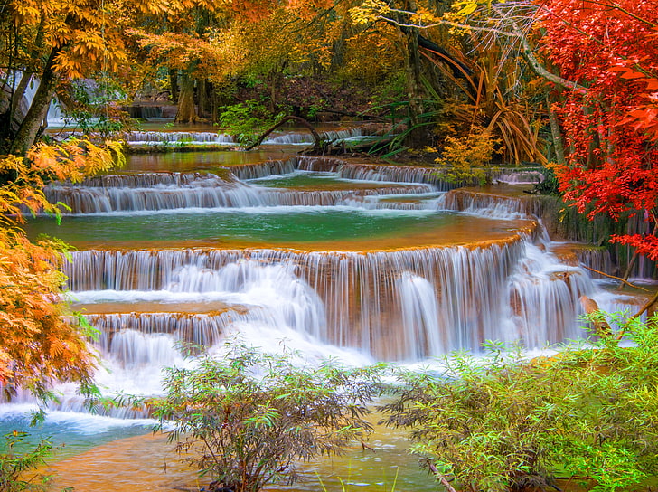 waterfalls and trees, autumn, landscape, beauty, nature, forest, HD wallpaper