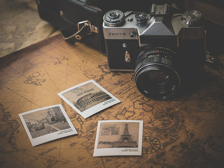 vintage, retro, camera, map, photos, travel