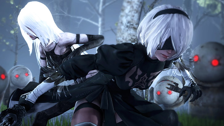 two white-haired female anime characters, 2B (Nier: Automata)