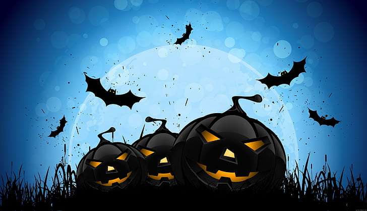 3 pumpkin in bats, bat and pumpkin lamp poster, halloween, cartoon, HD wallpaper