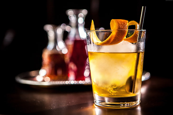 cocktails, whiskey, ice, orange, HD wallpaper