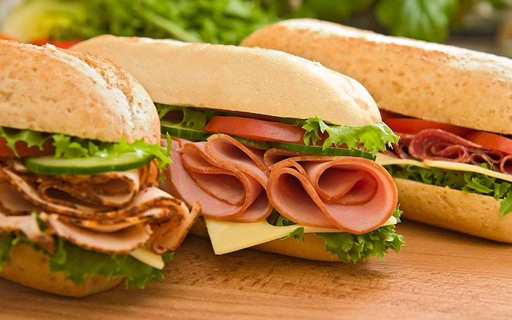 three assorted sandwiches, scones, meat, cheese, vegetables, food, HD wallpaper