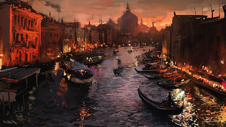 artwork, Gondolas, Italy, painting, river, Venice, HD wallpaper