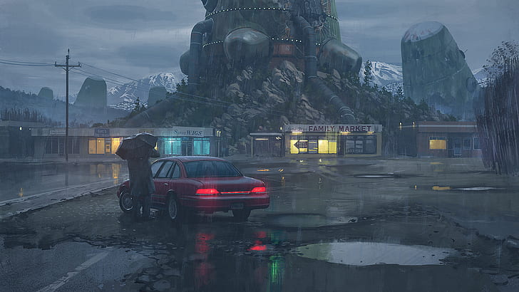 car, apocalyptic, Simon Stålenhag, cyberpunk, science fiction, HD wallpaper