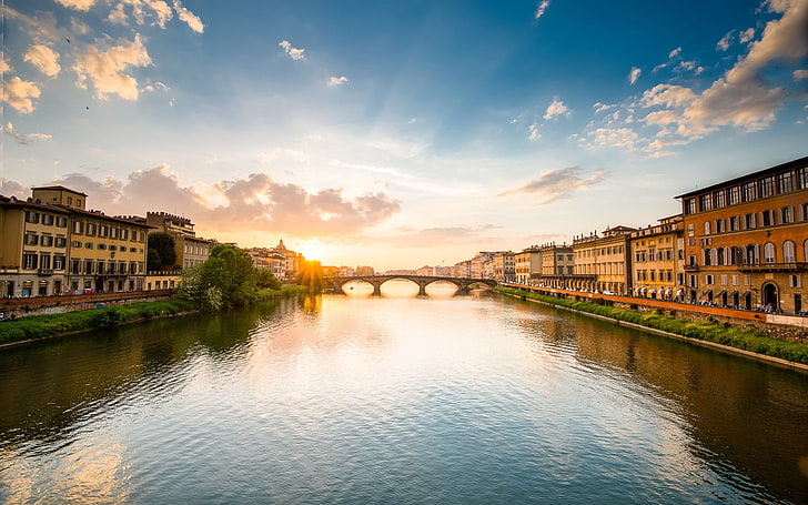cityscape, river, bridge, building, sunset, Firenze, Florence