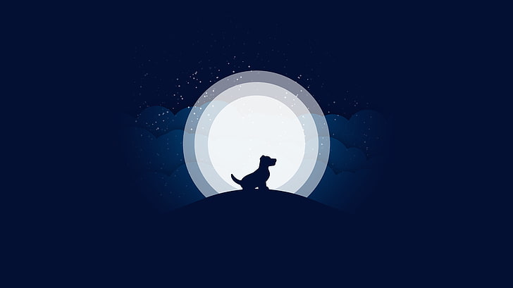 dog and moon digital wallpaper, night, silhouette, one person
