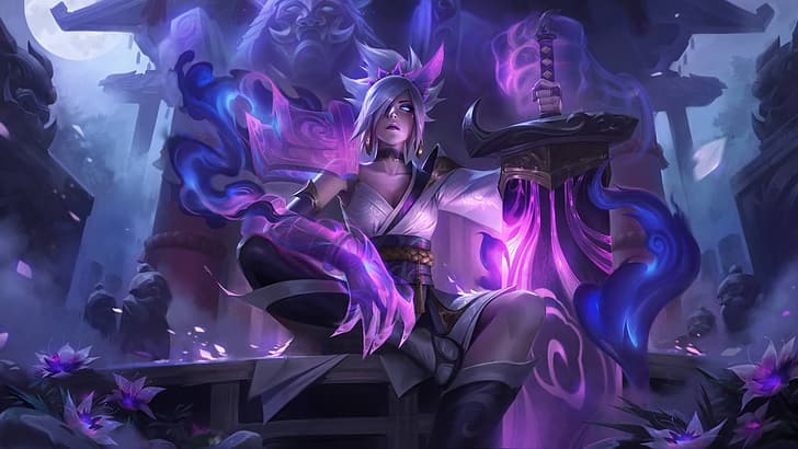 Riven (League of Legends), spirit blossom, purple background