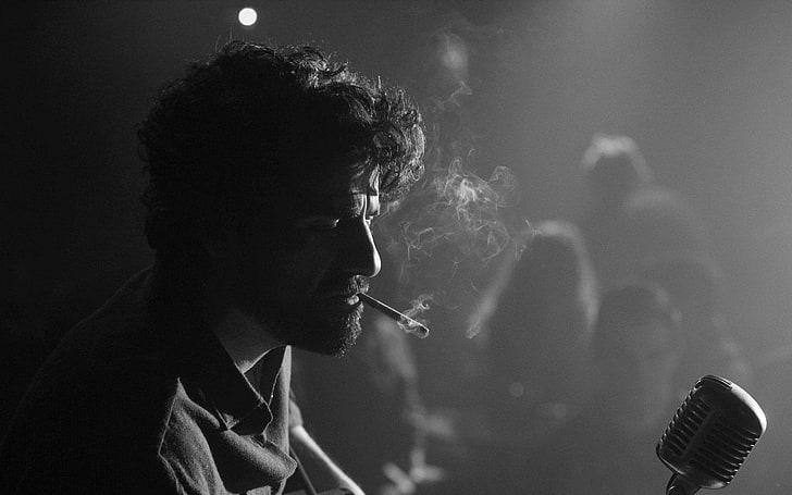 smoke, b/W, cigarette, curls, black and white, microphone, beard