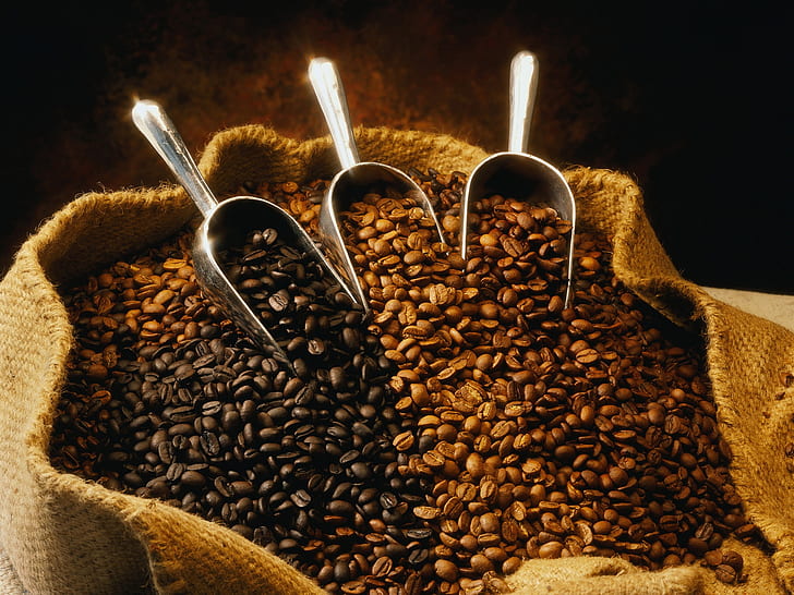 A bag of coffee beans, coffee beans