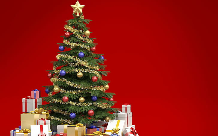 new year, christmas, gifts, fur-tree, red, green, HD wallpaper