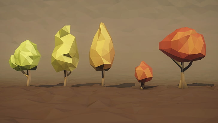 three yellow and black table lamps, low poly, trees, digital art, HD wallpaper