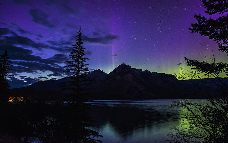 Beautiful night, Banff National Park, Alberta, Canada, lake, northern lights, HD wallpaper