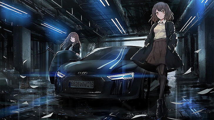 black Audi R8 coupe illustration, car, brunette, mode of transportation
