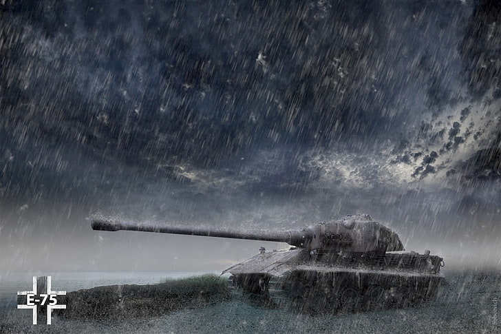 black battle tank, E-75, World of Tanks, water, nature, cloud - sky, HD wallpaper