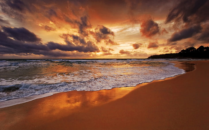 sea and seashore, sunset, beach, sky, sunlight, clouds, water, HD wallpaper