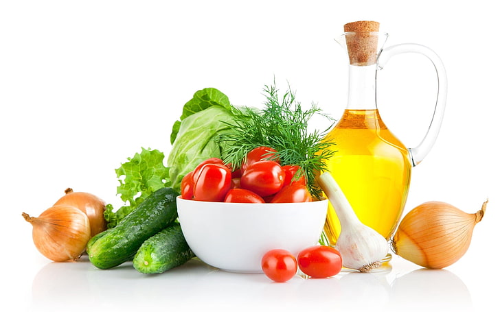 red cherry tomatoes, green zucchini, onions, cabbage, and oil, HD wallpaper