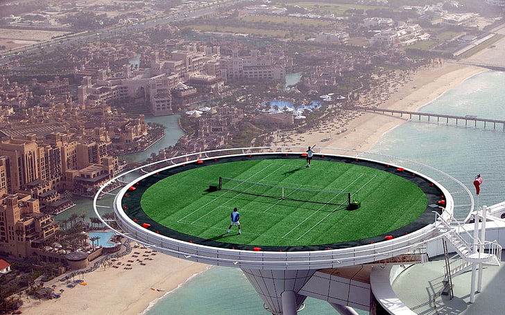 aerial view of badminton field, Dubai, tennis, architecture, built structure, HD wallpaper