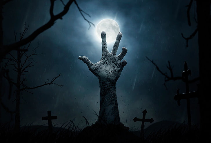 WWE Undertaker hand on cemetery, night, the moon, crosses, graves