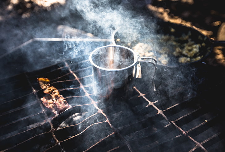 stainless steel cup on top of grill, camping, nature, mist, food, HD wallpaper