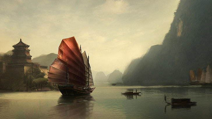 old china, fantasy art, dream, boat, schooner, landscape, water