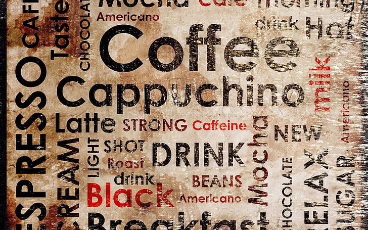 coffee and cappuccino wooden signage, typography, text, communication