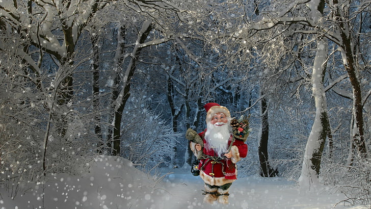 Santa Claus, winter, forest, snow, trees, holiday, branch, toy