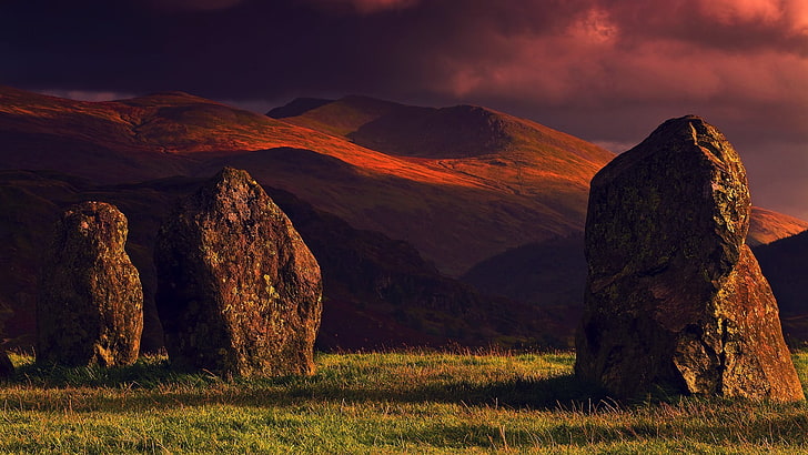 gray rock, landscape, nature, stones, England, stone circle, Cumbria, HD wallpaper
