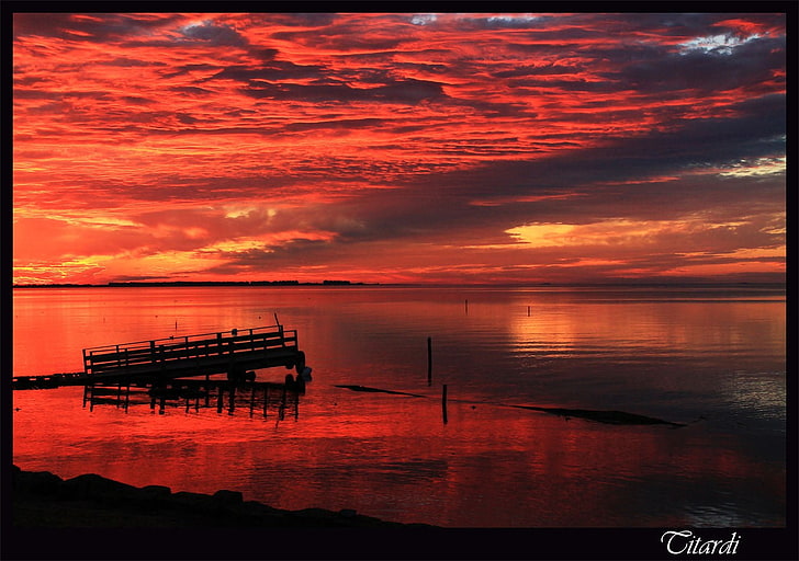 wooden dock, landscape, sky, morning, clouds, red, sunset, water