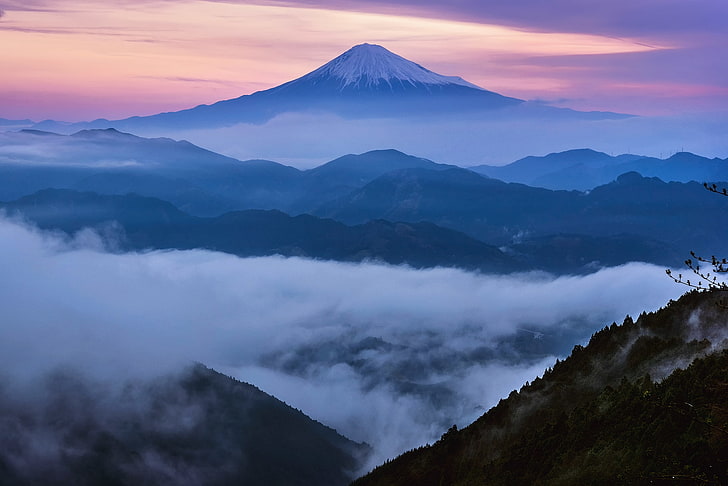 mountain, spring, morning, Japan, April, Fuji, stratovolcano, HD wallpaper
