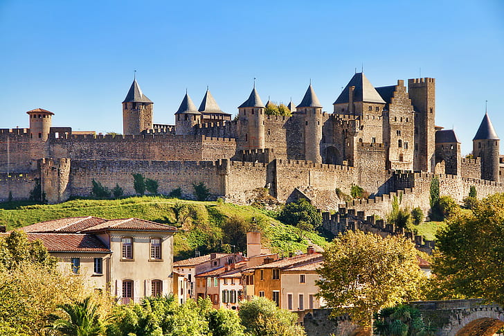 Castle of Carcassonne, green trees, France, home, city photos