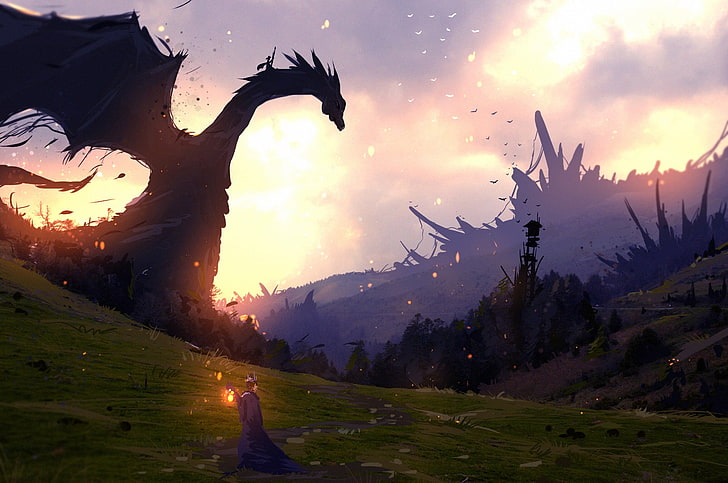 dragon illustration, fantasy art, dusk, sky, cloud - sky, beauty in nature