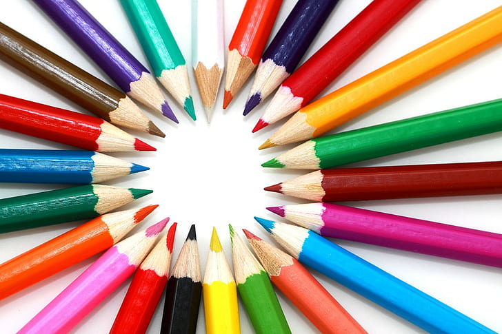 bright, colorful, pattern, pencils, circle, wood, HD wallpaper