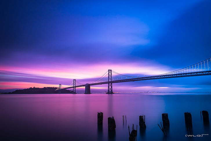 golden gate bridge under blue and purple sky, Long Exposure, Study, HD wallpaper