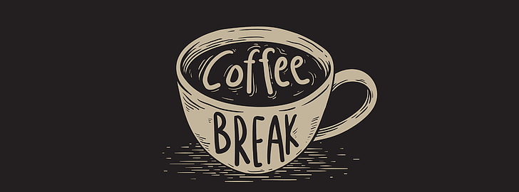 Coffee Break, white and black illustration of coffee cup with Coffee Break text printed