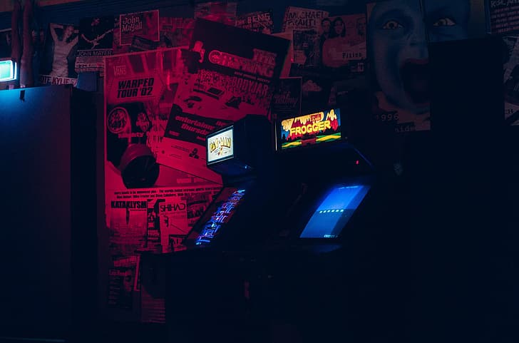 arcade cabinet, bar, video games, dark, photography