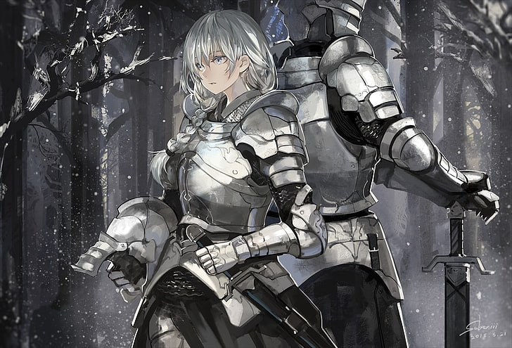 two knights near trees digital wallpaper, armor, sword, helmet, HD wallpaper