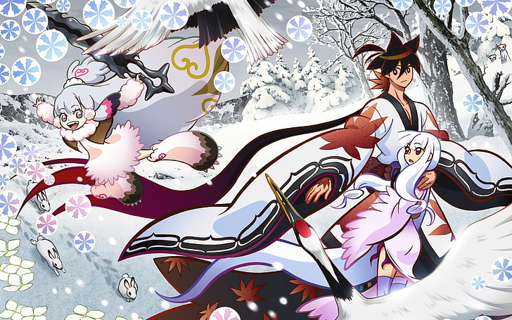 white, red, and green floral textile, manga, Katanagatari, Yasuri Shichika, HD wallpaper