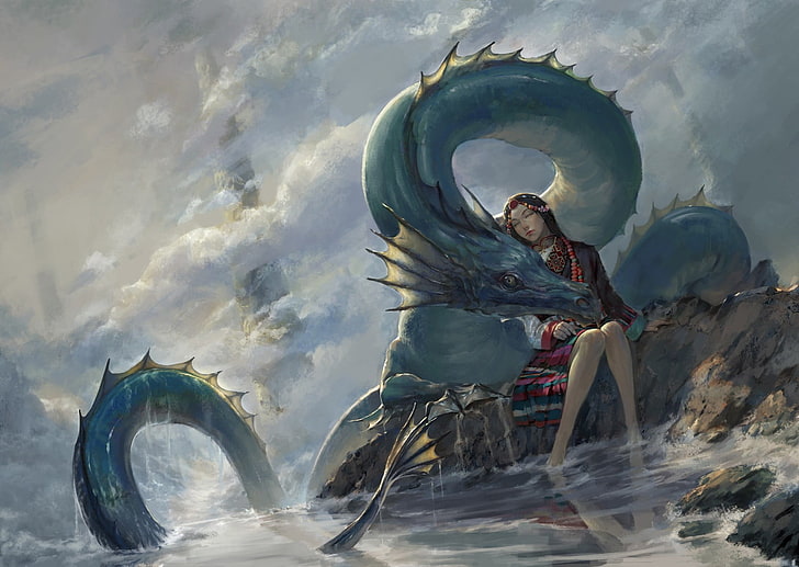 water, fantasy art, dragon, cloud - sky, art and craft, motion, HD wallpaper