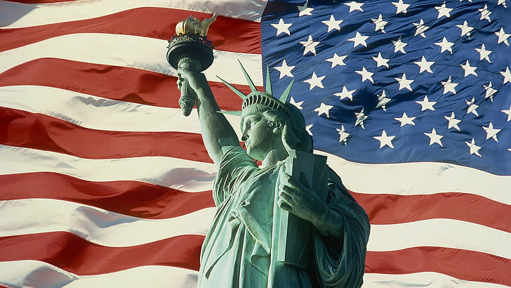 Man Made, Statue of Liberty, American Flag, patriotism, freedom, HD wallpaper