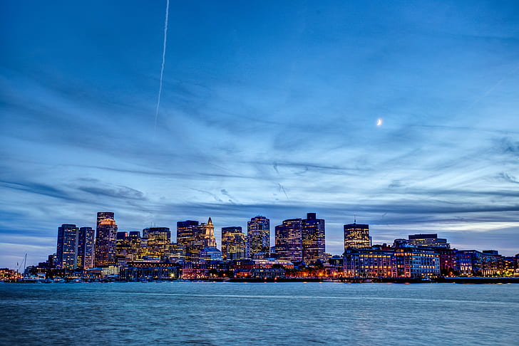 City with lights on during sunset, boston, boston, Downtown Boston