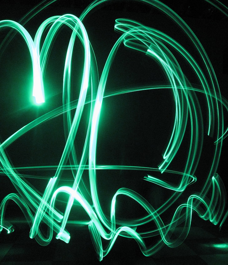 green LED heart, neon, light graffiti, abstract, backgrounds, HD wallpaper