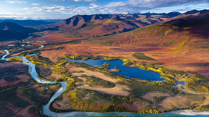 superb view of a snake river, landscape of mountain, valley, pond