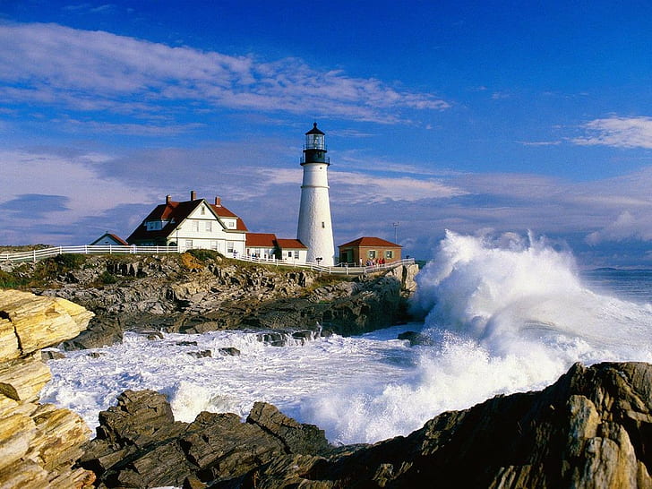 lighthouse, sea, sky, coast, HD wallpaper
